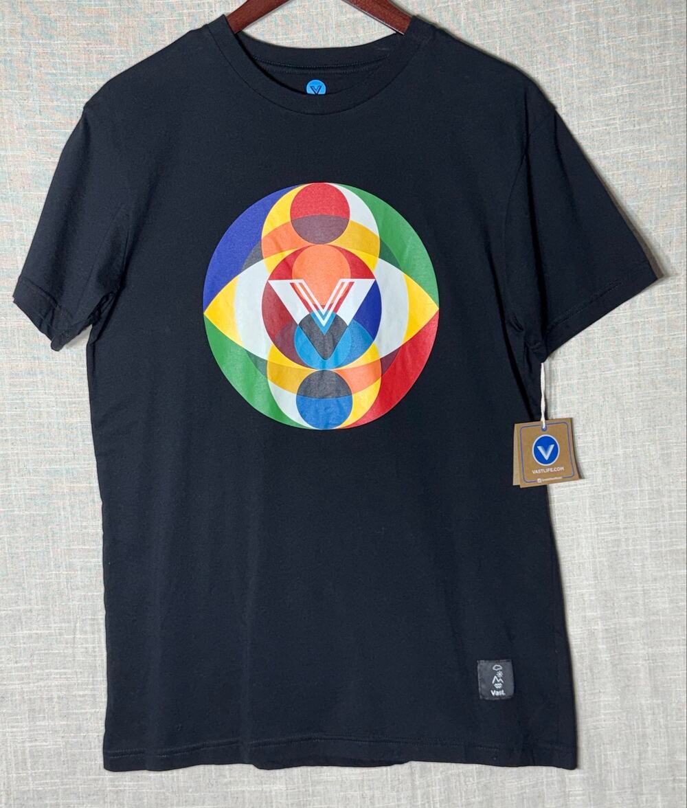 NWT Vast Life Mens Aqua Terra Graphic Tee Black Geometric Circle Size M